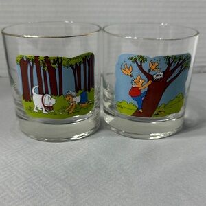 Vintage Ashby Golf Cartoon Low Ball Rock Barware Glasses Set of 2 70’s Gold Rim